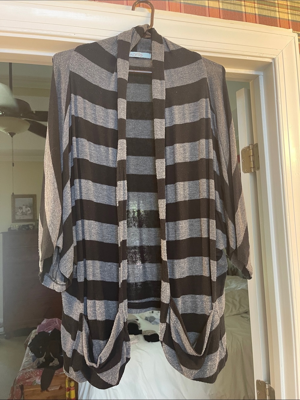 Karlie Black and Gray Striped Open-Front Drape Cardigan